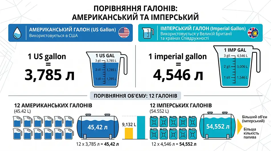 інфографіка «Американський та імперський галон», зліва 1 US gallon = 3,785 л, справа 1 imperial gallon = 4,546 л, нижче порівняння 12 галонів - 45,42 л проти 54,552 л