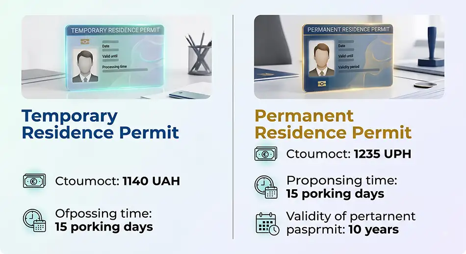Comparative infographic in English: Temporary Residence Permit - UAH 1,140, Permanent Residence Permit - UAH 1,235, processing time for both documents - 15 business days, permanent residence permit validity - 10 years
