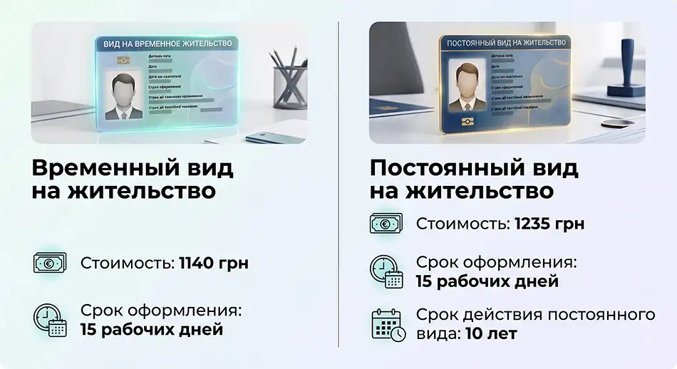Сравнительная инфографика: временный вид на жительство - 1140 грн, постоянный вид на жительство - 1235 грн, срок оформления обоих документов - 15 рабочих дней, постоянный вид на жительство - 10 лет