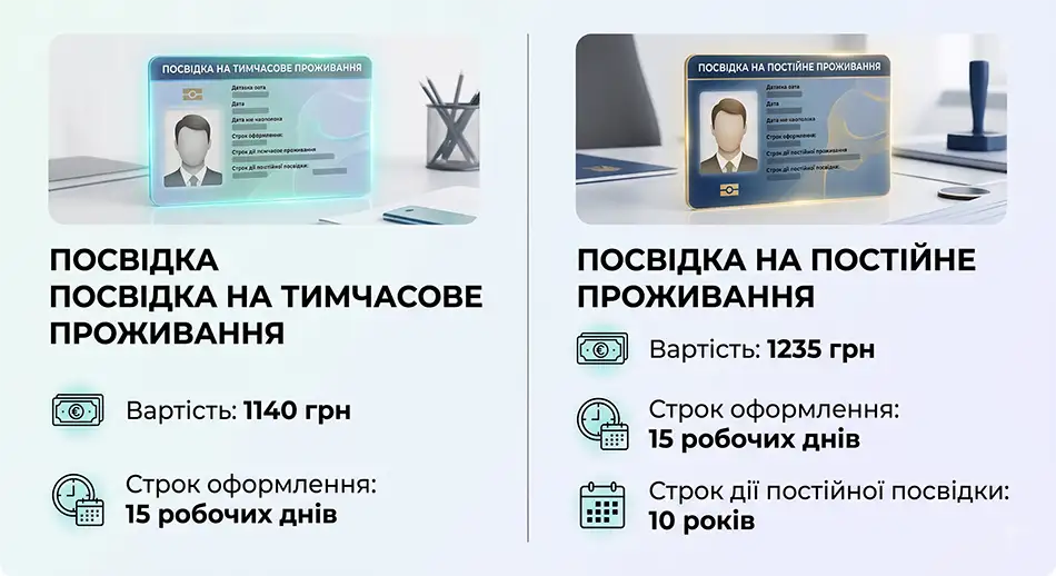 Порівняльна інфографіка українською мовою: посвідка на тимчасове проживання - 1140 грн, посвідка на постійне проживання - 1235 грн, строк оформлення обох документів - 15 робочих днів, постійна посвідка - 10 років