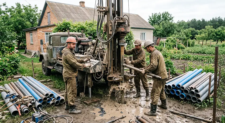 професійна бурова установка працює на приватній ділянці в Україні