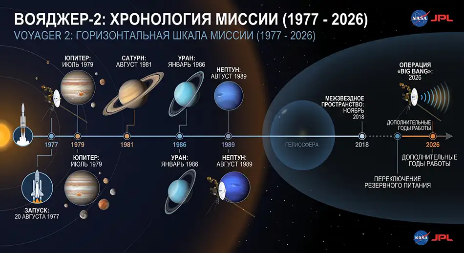 горизонтальная шкала миссии Voyager 2 с 1977 по 2026 год