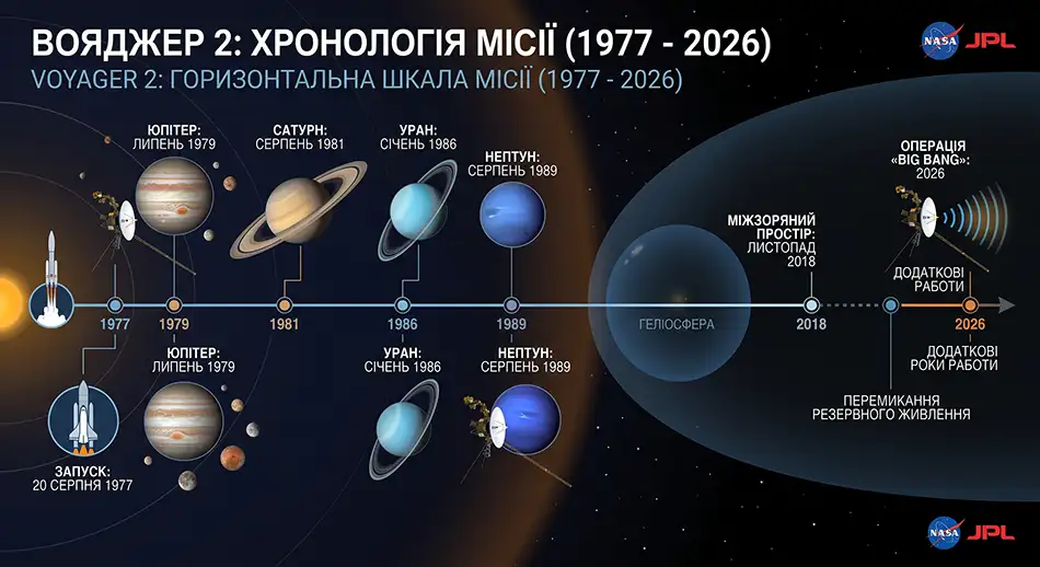 горизонтальна шкала місії Voyager 2 від 1977 до 2026 року