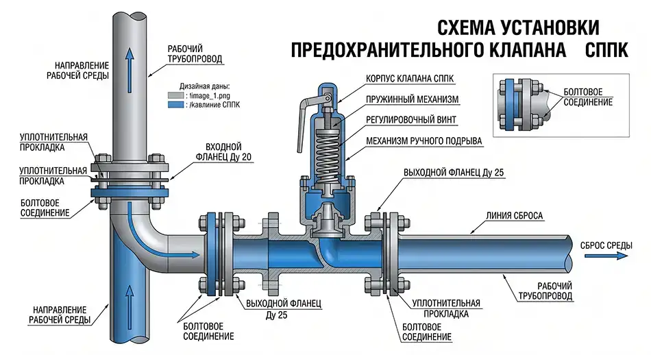 схема установки предохранительного клапана СППК на промышленный трубопровод