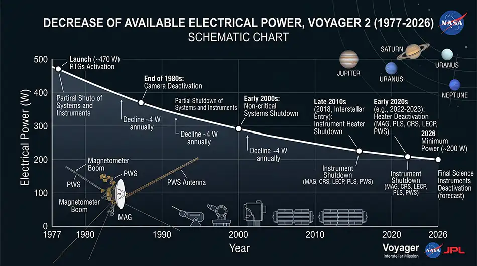 schematic reduction in available electrical power of Voyager 2 over time