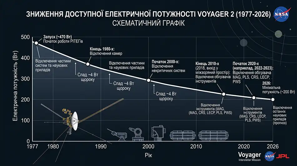 схематичне зниження доступної електричної потужності Voyager 2 з часом
