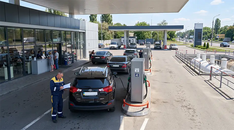 сучасна автозаправна станція в Україні, паливні колонки, резервуари, касова зона, працівник перевіряє документи