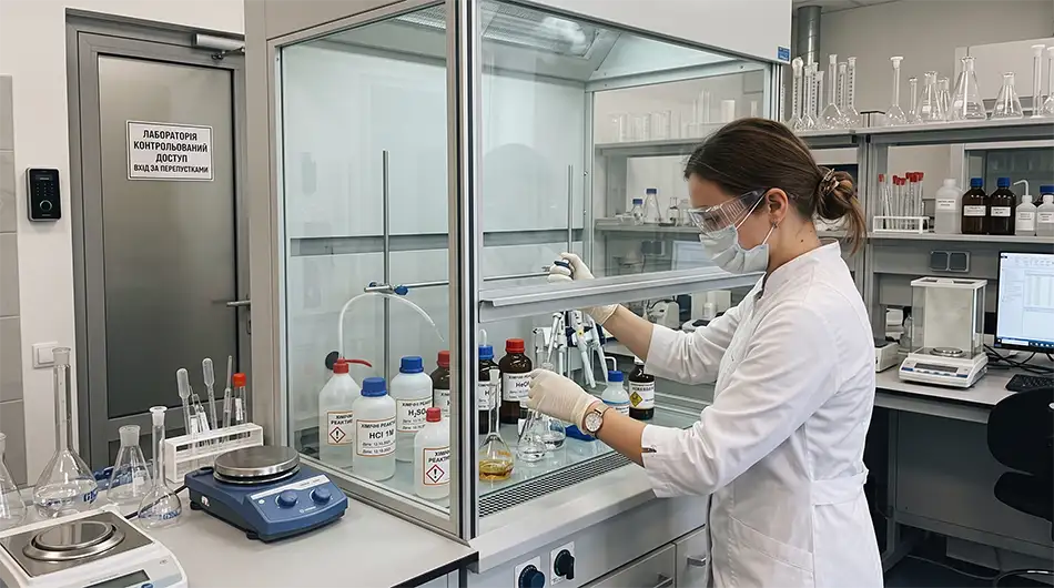 Сучасна українська хімічна лабораторія, співробітник у захисному одязі працює з промаркованими лабораторними реактивами у спеціальній шафі
