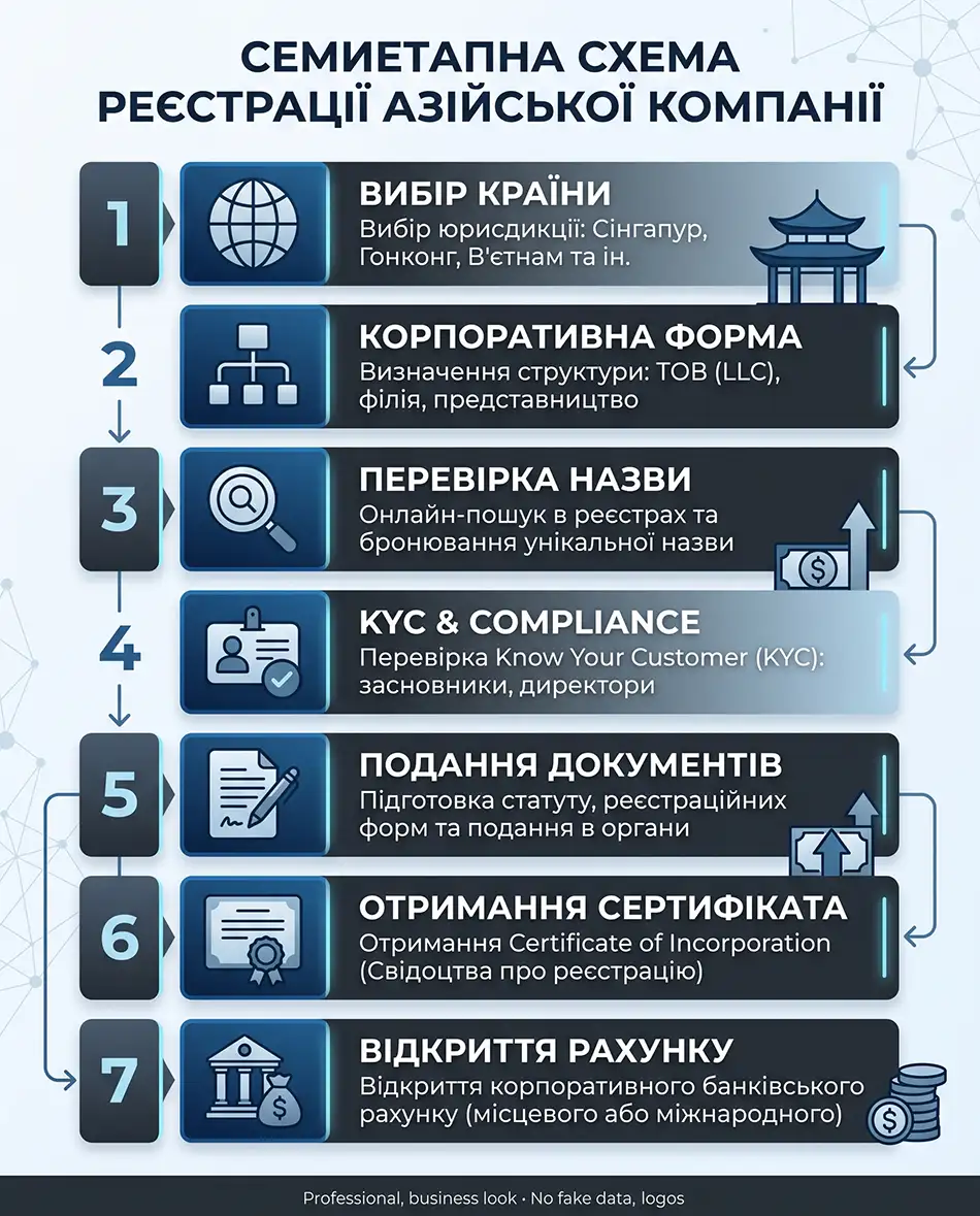 вертикальна схема з семи етапів реєстрації азійської компанії