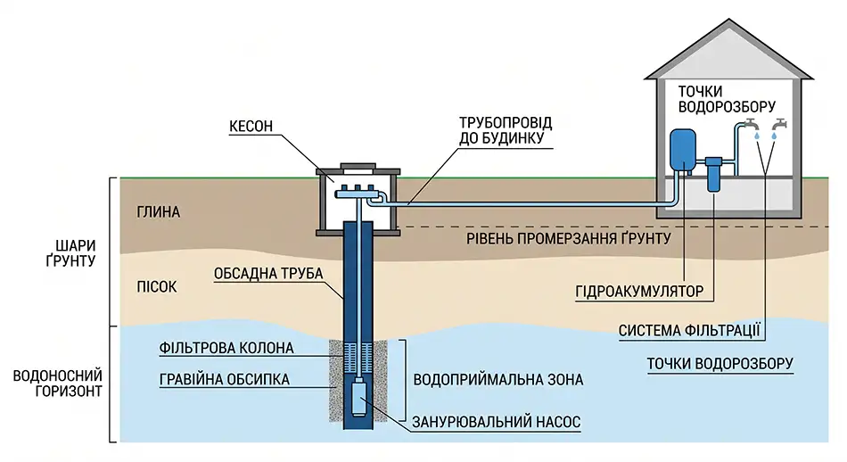 вертикальний розріз свердловини на воду