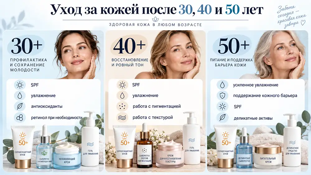 инфографика уход за кожей после 30 40 и 50 лет