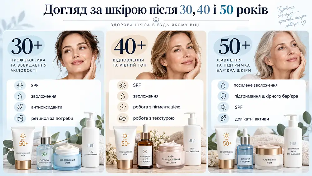 інфографіка догляд за шкірою після 30 40 і 50 років