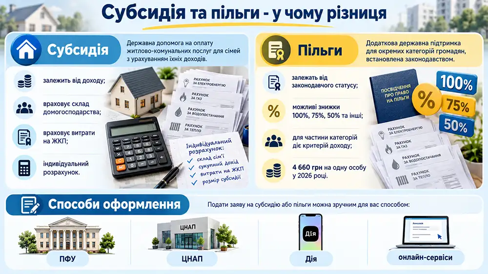 інфографік субсидія та пільги - у чому різниця