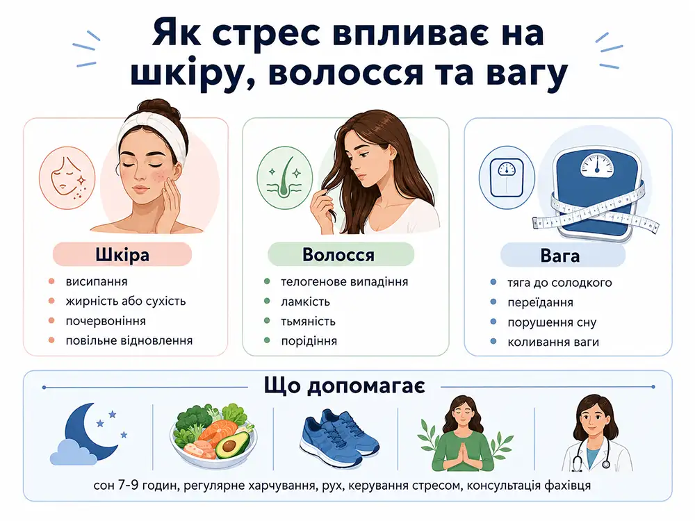 Основні прояви тривалого стресу можуть одночасно стосуватися шкіри, волосся, апетиту, сну та маси тіла.