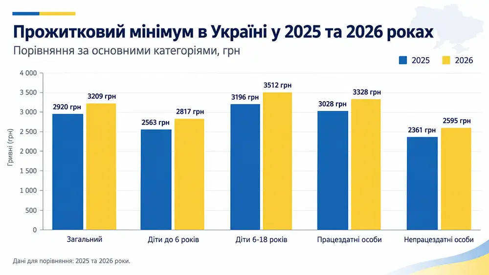 Порівняти прожитковий мінімум в Україні у 2025 та 2026 роках для п'яти категорій: загальний - 2920 і 3209 грн, діти до 6 років - 2563 і 2817 грн, діти 6-18 років - 3196 і 3512 грн, працездатні особи - 3028 і 3328 грн, непрацездатні особи - 2361 і 2595 грн