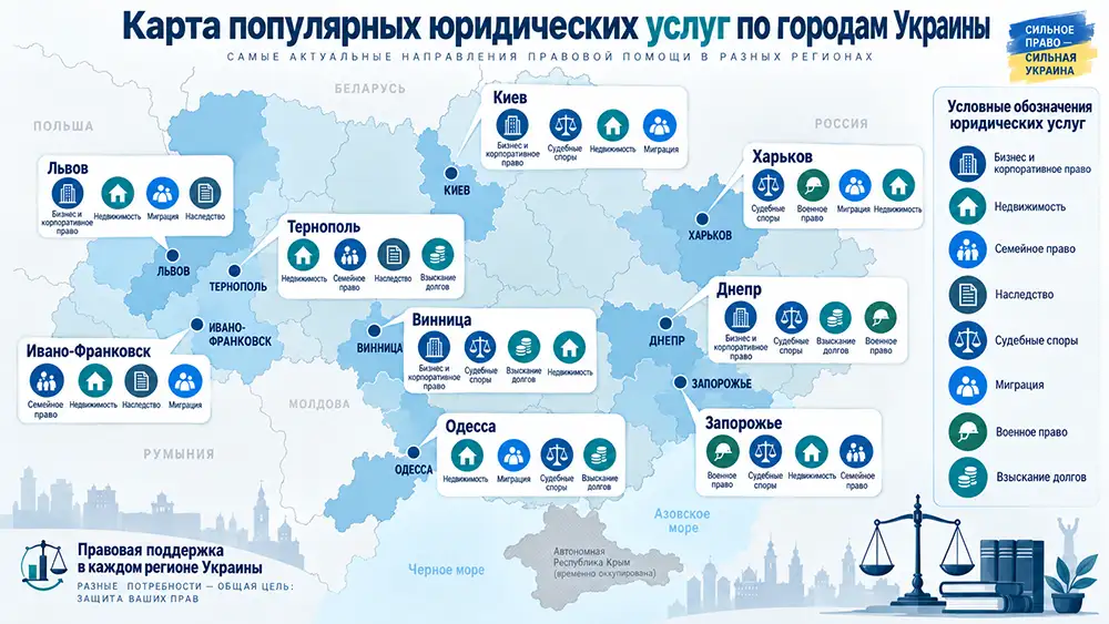 инфографика «Карта популярных юридических услуг по городам Украины»
