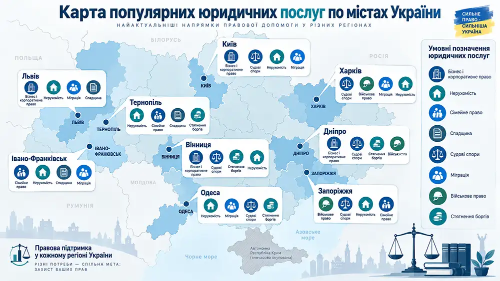 інфографіка «Карта популярних юридичних послуг по містах України»