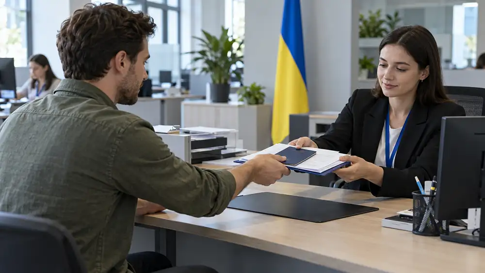 Іноземець за столом у сучасному державному сервісному центрі