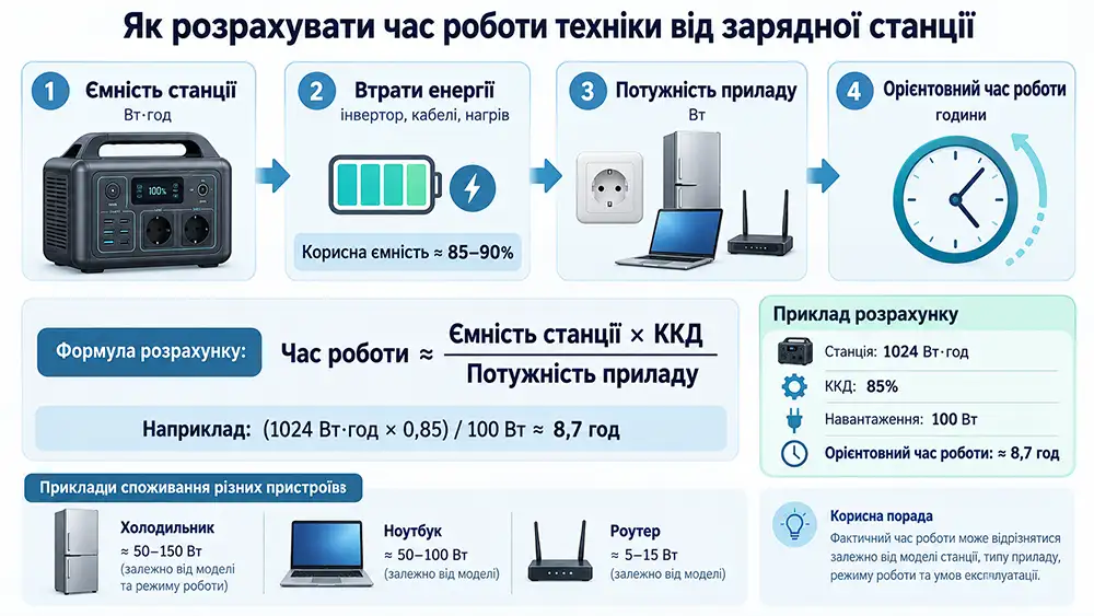 Як розрахувати час роботи техніки від зарядної станції